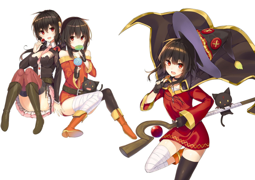 2girls bandage bandaged_leg belt black_gloves black_hair black_legwear blush bow braid breasts button_eyes candy cape chomusuke collar dress fingerless_gloves food gloves hair_ornament hat highres holding holding_staff kono_subarashii_sekai_ni_shukufuku_wo! large_breasts lollipop long_hair looking_at_viewer megumin mishima_kurone mismatched_legwear multiple_girls necktie official_art open_mouth red_dress red_eyes ribbon short_hair_with_long_locks single_thighhigh skirt smile staff swirl_lollipop thigh-highs witch_hat yunyun_(konosuba)