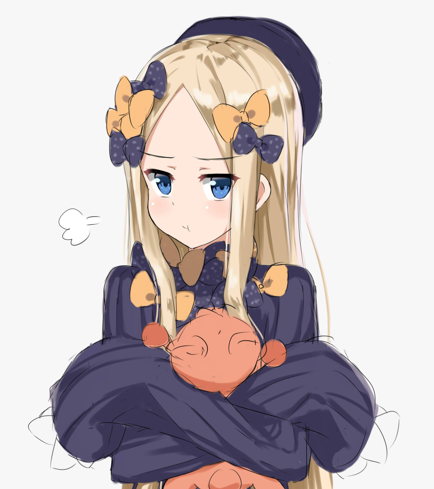 1girl :t =3 abigail_williams_(fate/grand_order) absurdres bangs black_bow black_dress black_hat blonde_hair blue_eyes bow closed_mouth commentary_request dress eyebrows_visible_through_hair fate/grand_order fate_(series) forehead grey_background hair_bow hat highres kohakope long_hair long_sleeves looking_at_viewer object_hug orange_bow parted_bangs polka_dot polka_dot_bow pout sidelocks simple_background sketch sleeves_past_fingers sleeves_past_wrists solo stuffed_animal stuffed_toy teddy_bear very_long_hair