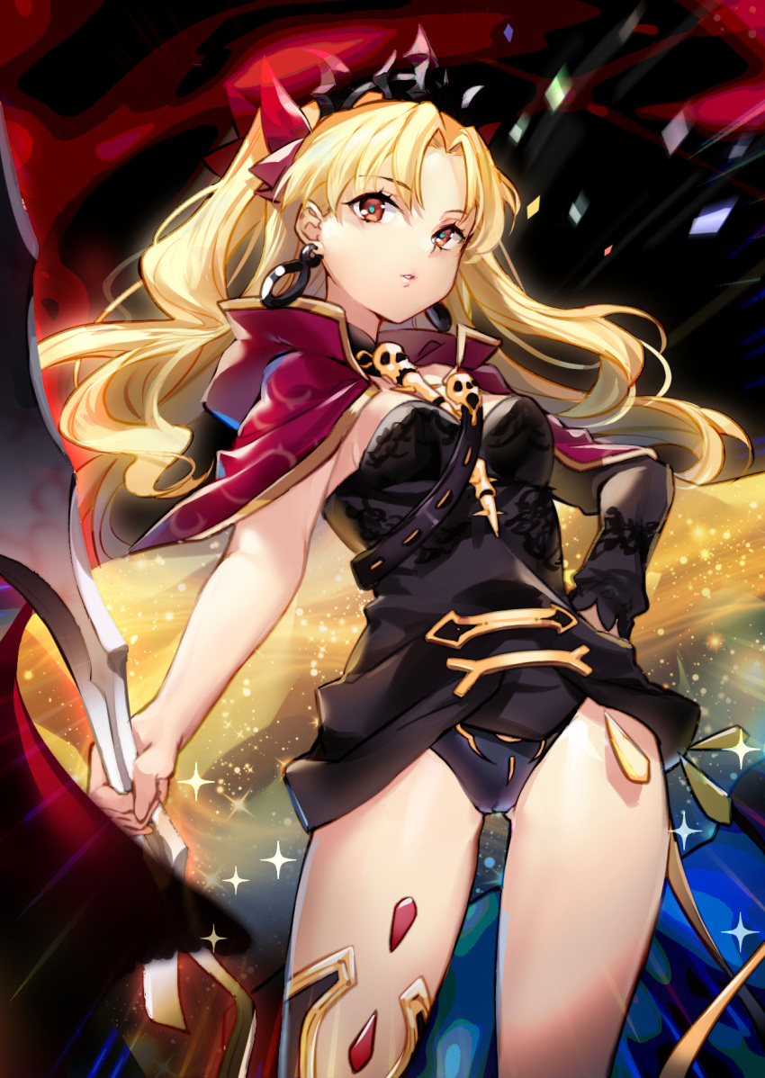 1girl backlighting bangs between_breasts black_legwear black_leotard blonde_hair blue_pupils bow breasts capelet closed_eyes contrapposto cowboy_shot earrings ereshkigal_(fate/grand_order) fate/grand_order fate_(series) hair_bow hand_on_hip highres holding infinity jewelry leotard long_hair long_sleeves looking_at_viewer medium_breasts motion_blur parted_bangs parted_lips pink_bow pink_capelet red_eyes sheska_xue single_detached_sleeve single_thighhigh skull solo sparkle spine standing strap_cleavage thigh-highs tiara two_side_up very_long_hair