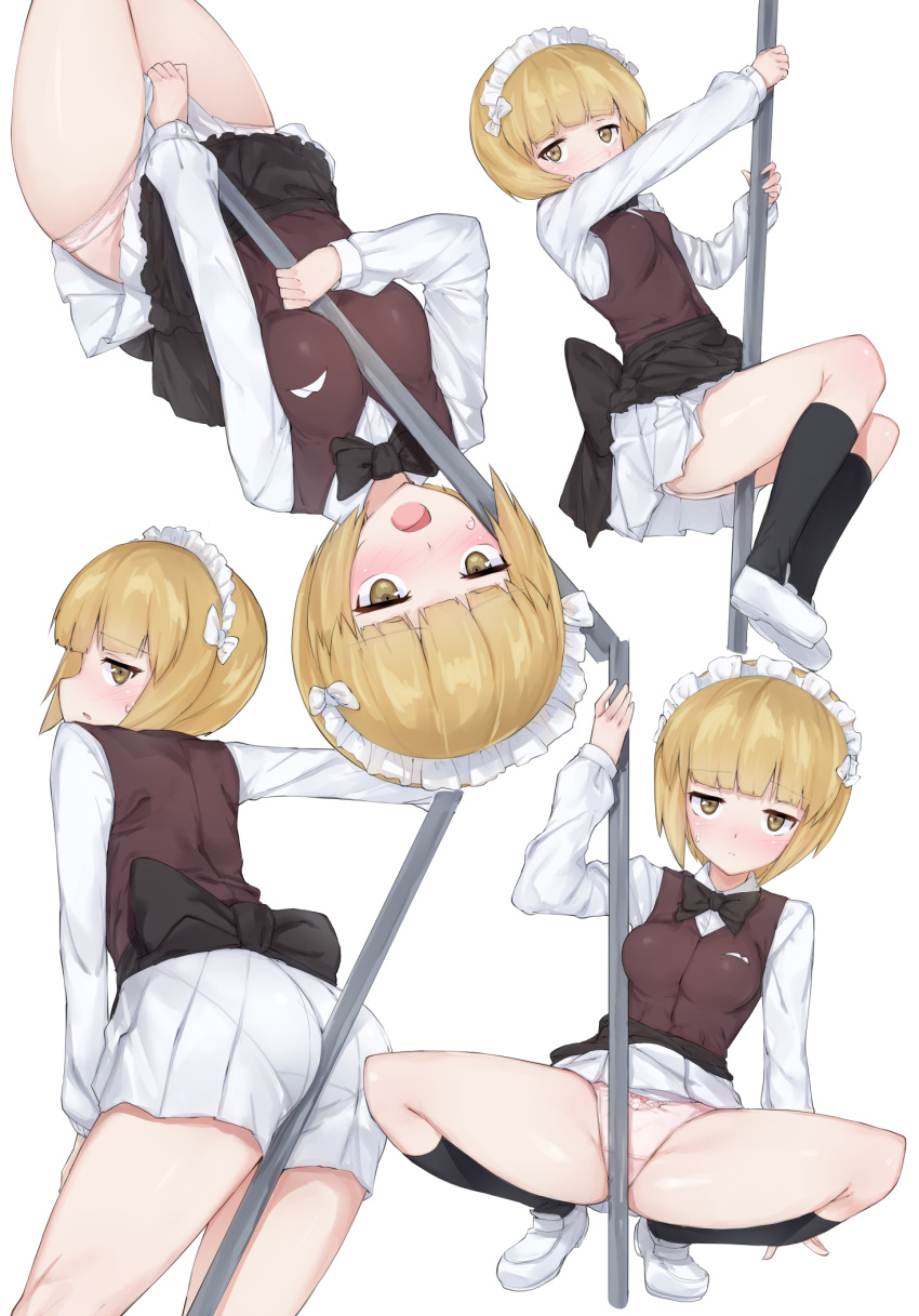 1girl arm_support ass bangs bent_over between_buttocks black_legwear black_neckwear blonde_hair blunt_bangs blush bow bow_panties bowtie brown_vest closed_mouth crotch_seam cutlass_(girls_und_panzer) debutya_aki dress_shirt embarrassed eyebrows_visible_through_hair from_behind girls_und_panzer handkerchief highres kneehighs leaning_to_the_side light_frown loafers long_sleeves looking_at_viewer looking_back maid_headdress miniskirt multiple_views open_mouth panties pantylines parted_lips pink_panties pleated_skirt pole pole_dancing shirt shoes short_hair simple_background skirt skirt_lift skirt_tug solo squatting standing stripper_pole sweatdrop underwear upside-down vest white_background white_footwear white_shirt white_skirt wing_collar yellow_eyes