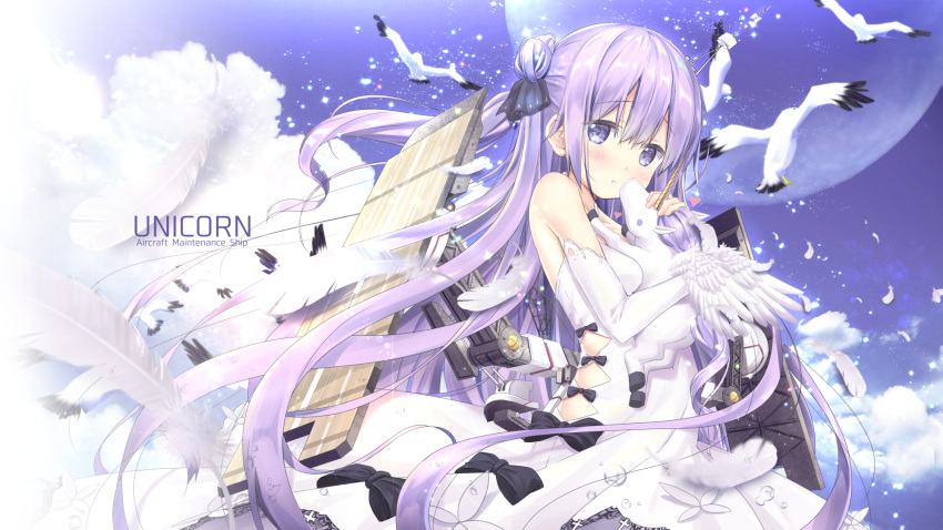 1girl :o ahoge akitsuki_tsukasa animal azur_lane bangs bare_shoulders bird black_bow black_ribbon blush bow breasts character_name clouds collarbone commentary_request dress eyebrows_visible_through_hair flight_deck hair_between_eyes hair_bun hair_ribbon halterneck heart highres looking_at_viewer object_hug one_side_up parted_lips purple_hair ribbon side_bun sky small_breasts solo stuffed_animal stuffed_pegasus stuffed_toy stuffed_unicorn unicorn_(azur_lane) violet_eyes white_dress white_feathers