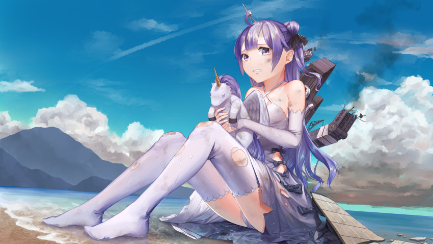 1girl absurdres azur_lane bare_shoulders black_bow bow broken clenched_teeth clouds criss-cross_halter damaged day detached_sleeves dirty_clothes dirty_face dress eyebrows_visible_through_hair from_side full_body furrowed_eyebrows halterneck highres holding long_hair machinery outdoors panties pantyshot pantyshot_(sitting) shi_niao sitting sky sleeves_past_wrists smoke solo stuffed_unicorn teeth thigh-highs torn_clothes torn_thighhighs underwear unicorn_(azur_lane) very_long_hair water wet white_dress white_legwear white_panties