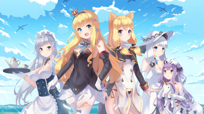 5girls :d absurdres aircraft airplane azur_lane bangs bare_shoulders belfast_(azur_lane) black_bow black_dress black_hairband black_jacket black_panties black_ribbon blonde_hair blue_bow blue_eyes blue_sky blush bow braid breasts cleavage closed_mouth clouds crown cup day detached_collar detached_sleeves dress eye_contact eyebrows_visible_through_hair gloves hair_between_eyes hair_bow hair_bun hair_ornament hair_ribbon hairband hand_on_another's_head hand_on_hip head_tilt highres holding holding_stuffed_animal holding_tray holmemee illustrious_(azur_lane) jacket large_breasts long_hair long_sleeves looking_at_another looking_up maid_headdress mini_crown multiple_girls ocean open_mouth outdoors panties purple_hair queen_elizabeth_(azur_lane) ribbon short_hair_with_long_locks side-tie_panties side_bun sidelocks silver_hair sky sleeves_past_wrists small_breasts smile striped_hairband stuffed_animal stuffed_toy stuffed_unicorn teacup teapot thigh-highs tray underwear unicorn_(azur_lane) v-shaped_eyebrows very_long_hair violet_eyes warspite_(azur_lane) water white_dress white_gloves white_legwear