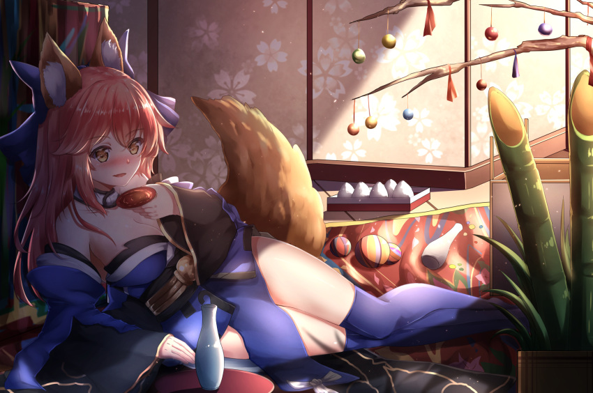 1girl :d alcohol animal_ears ball bamboo bare_shoulders blue_kimono blue_legwear blush branch breasts chahei choko_(cup) cleavage commentary_request cup detached_collar detached_sleeves fang fate/grand_order fate_(series) food fox_ears fox_girl fox_tail highres holding indoors japanese_clothes kimono large_breasts long_hair long_sleeves looking_at_viewer nose_blush onigiri open_mouth over-kneehighs pink_hair sakazuki sake sleeves_past_wrists smile solo strapless tail tamamo_(fate)_(all) tamamo_no_mae_(fate) temari_ball thigh-highs thighs tokkuri wide_sleeves