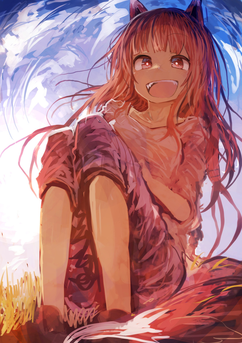 1girl absurdres animal_ears bangs blunt_bangs brown_hair capri_pants eyebrows_visible_through_hair fang highres holo kaamin_(mariarose753) long_hair looking_at_viewer open_mouth pants red_eyes shirt short_sleeves sitting sky smile solo spice_and_wolf tail wolf_ears wolf_tail