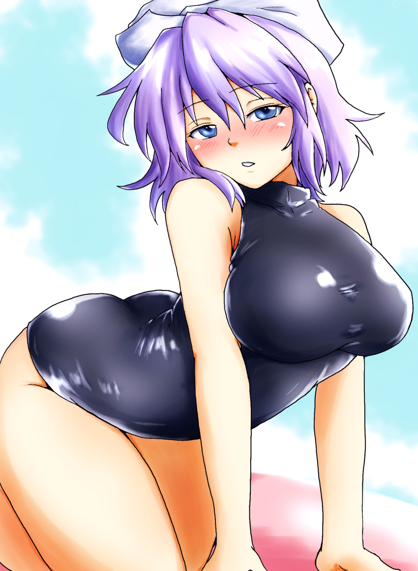 1girl all_fours ass black_swimsuit blue_eyes blush breasts d-m_(dii_emu) hanging_breasts hat highres large_breasts lavender_hair letty_whiterock looking_at_viewer one-piece_swimsuit short_hair smile solo swimsuit touhou turtleneck