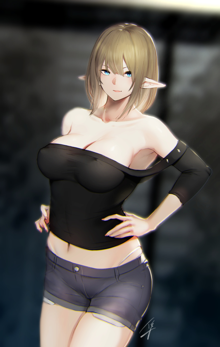 1girl absurdres backlighting bangs bare_shoulders black_shirt blonde_hair blue_eyes blue_shorts breasts brown_hair cleavage closed_mouth collarbone cowboy_shot detached_sleeves elf erect_nipples fantia_reward fingernails hair_between_eyes hands_on_hips hayabusa highleg highleg_panties highres large_breasts legs_together long_fingernails looking_at_viewer medium_hair midriff nail_polish navel no_bra off-shoulder_shirt off_shoulder original paid_reward panties pink_nails pointy_ears shirt short_shorts shorts slit_pupils solo standing stomach underwear white_panties