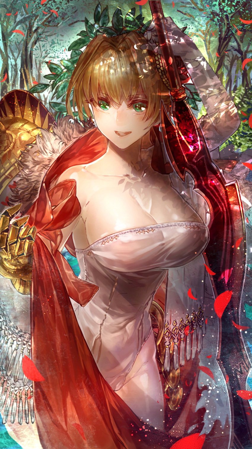 1girl aestus_estus bangs bare_shoulders blonde_hair braid breasts cleavage collarbone dress elbow_gloves fate/extra fate_(series) french_braid fur_trim gloves green_eyes hair_intakes head_wreath highres large_breasts leotard nero_claudius_(fate) nero_claudius_(fate)_(all) outdoors petals red_sash rose_petals sash shade signo_aaa single_gauntlet single_glove single_pauldron smile solo sword thighs tree weapon white_gloves white_leotard