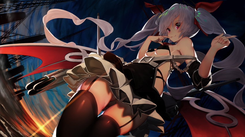 1girl absurdres aiguillette arm_up armband armpits ass azur_lane bangs bare_shoulders black_legwear black_panties blush breasts buckle clouds cloudy_sky detached_sleeves dress dusk eyebrows_visible_through_hair fang fang_out finger_to_mouth floating_hair from_behind from_below garter_straps hair_between_eyes hair_ornament hair_ribbon headgear highres index_finger_raised kumanoi_azuki long_hair looking_at_viewer looking_back machinery moon panties pantyshot pantyshot_(standing) red_eyes red_ribbon ribbon rigging sideboob silver_hair skindentation sky sleeves_folded_up small_breasts smile solo standing standing_on_liquid strap thigh-highs thighs torpedo_tubes twintails under_boob underwear vampire_(azur_lane) water wind wind_lift
