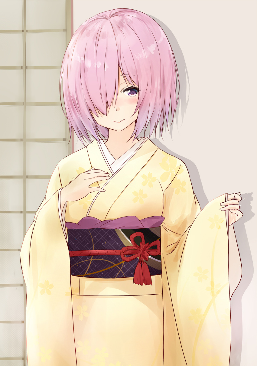 1girl absurdres blush fate/grand_order fate_(series) hair_over_one_eye highres japanese_clothes jewelry kimono looking_at_viewer mash_kyrielight obi pink_hair ring saku_(kudrove) sash shielder_(fate/grand_order) short_hair sliding_doors solo violet_eyes wedding_band wide_sleeves