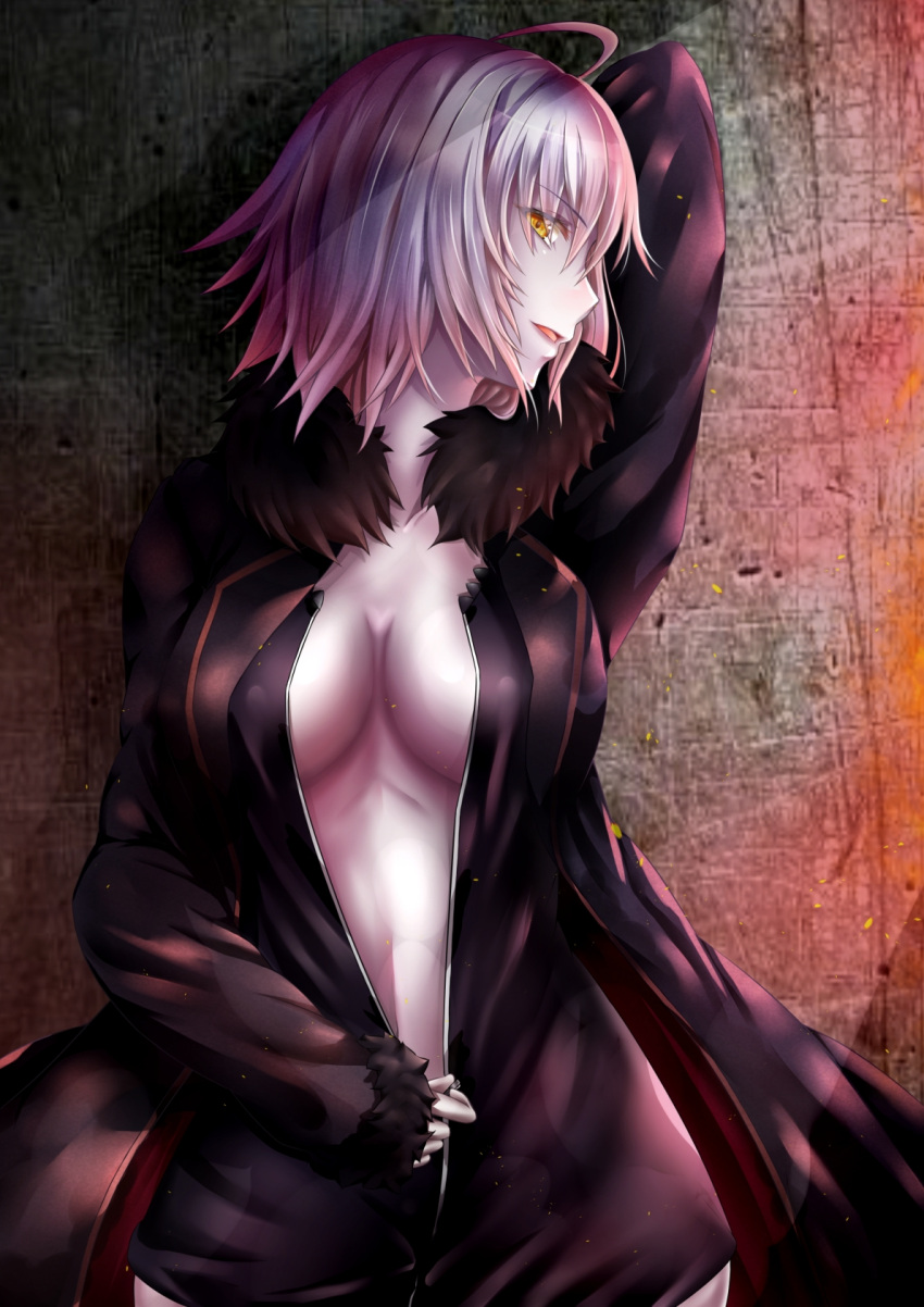 1girl against_wall ahoge arm_behind_back black_dress black_sweater breasts cardigan cleavage dress eyes fate/grand_order fate_(series) hair_between_eyes head_tilt highres jeanne_d'arc_(alter)_(fate) jeanne_d'arc_(fate)_(all) looking_at_viewer medium_breasts open_cardigan open_clothes open_mouth partially_unzipped penguintake short_dress short_hair silver_hair smile solo standing sweater unzipping yellow_eyes