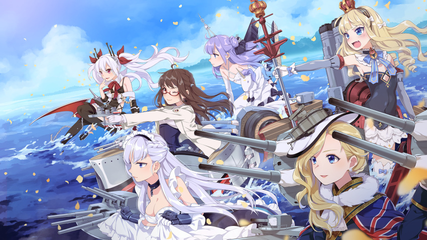 6+girls :d ;) ahoge azur_lane bangs bare_shoulders bat_wings beige_jacket belfast_(azur_lane) black_bikini_top black_bow black_dress black_hairband black_legwear black_ribbon blonde_hair blue_bow blue_eyes blue_skirt blue_sky blush bow braid breasts brown_eyes brown_hair cannon cleavage clouds colored_eyelashes commentary_request criss-cross_halter crown day detached_collar detached_sleeves dress dutch_angle earrings eyebrows_visible_through_hair fang flight_deck fur_collar glasses gloves hair_between_eyes hair_bow hair_bun hair_ornament hair_ribbon hairband halterneck hat highres hood_(azur_lane) jacket jewelry large_breasts london_(azur_lane) long_hair long_sleeves machinery maid_headdress meo mini_crown multiple_girls object_hug ocean one_eye_closed one_side_up open_clothes open_jacket open_mouth outdoors outstretched_arm parted_lips petals purple_hair queen_elizabeth_(azur_lane) red-framed_eyewear red_ribbon red_wings ribbon semi-rimless_eyewear shirt side_bun silver_hair skirt skirt_hold sky small_breasts smile striped_hairband stuffed_animal stuffed_pegasus stuffed_toy stuffed_unicorn thigh-highs turret twintails under-rim_eyewear unicorn_(azur_lane) union_jack vampire_(azur_lane) very_long_hair violet_eyes water white_bow white_collar white_dress white_gloves white_hat white_shirt wing_collar wings