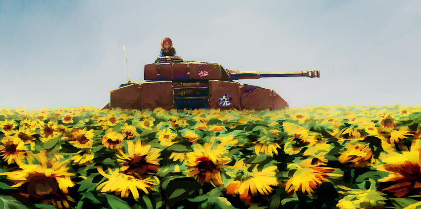 1girl absurdres anglerfish bangs brown_hair commentary day emblem field flower flower_field girls_und_panzer ground_vehicle highres jcm2 military military_vehicle motor_vehicle nishizumi_miho ooarai_(emblem) outdoors panzerkampfwagen_iv short_hair sky solo sunflower tank