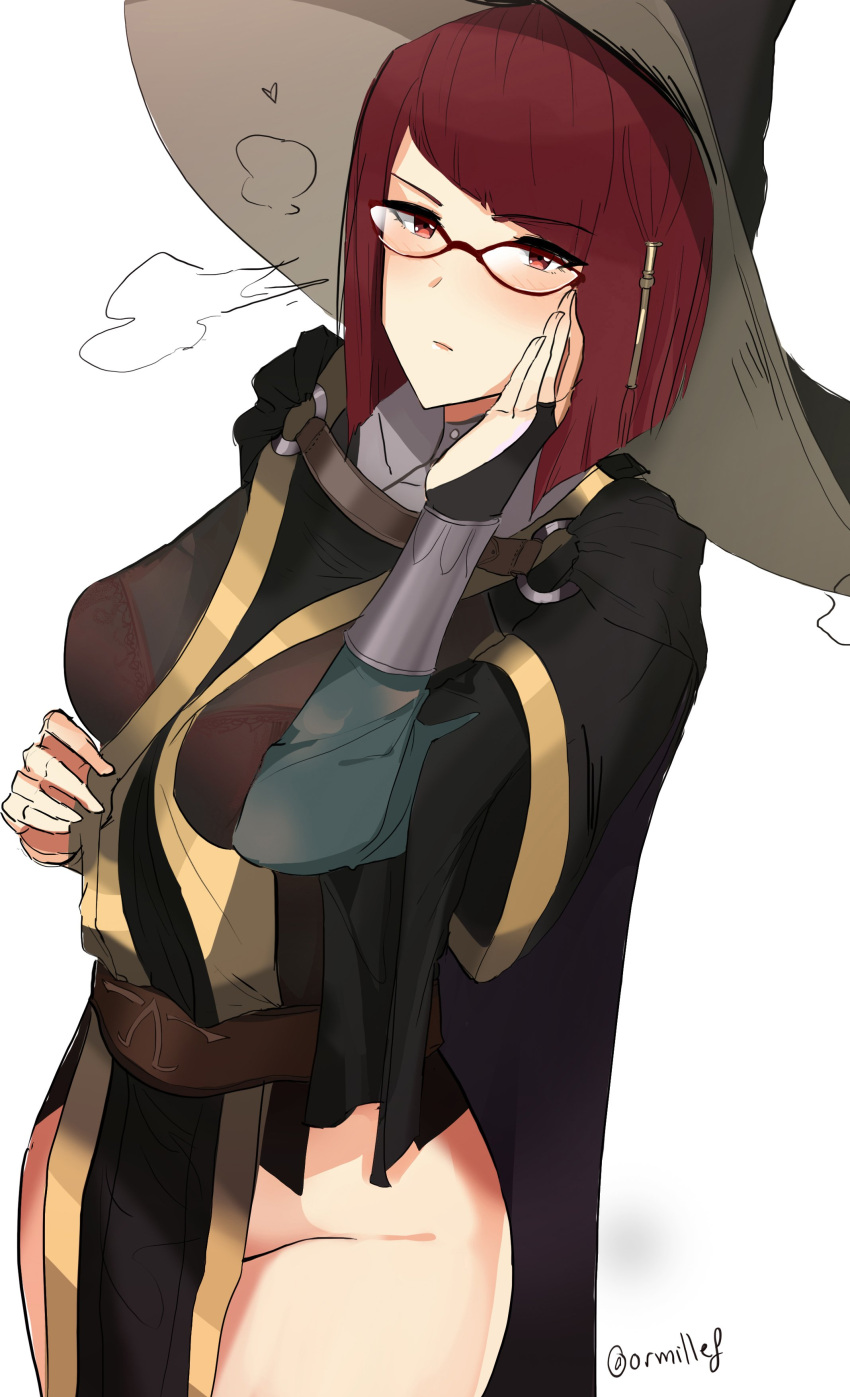 1girl absurdres cape dotentity fire_emblem fire_emblem:_kakusei glasses hat highres looking_at_viewer miriel_(fire_emblem) no_pants redhead short_hair simple_background solo white_background witch_hat