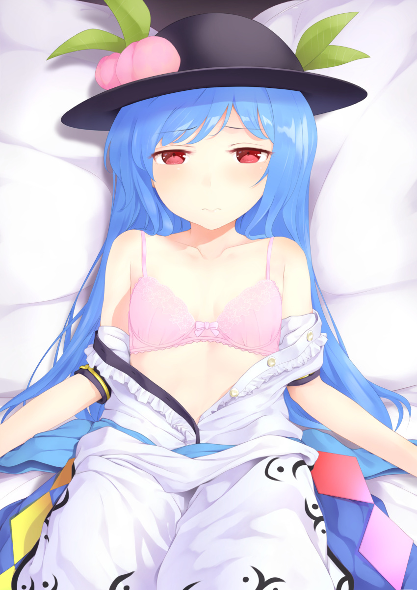 1girl black_hat blue_hair blue_skirt bra breasts collarbone food frown fruit hat highres hinanawi_tenshi kanpa_(campagne_9) leaf long_hair looking_at_viewer lying on_back partially_unbuttoned peach pink_bra red_eyes shirt_pull skirt small_breasts solo touhou underwear