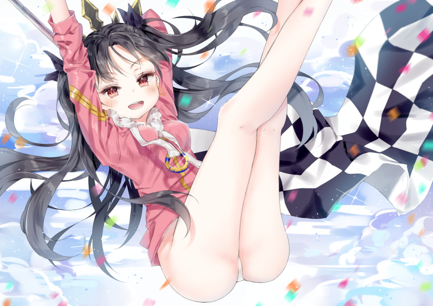 1girl :d arms_up bangs black_hair blush breasts brown_eyes checkered checkered_flag clouds commentary_request confetti earrings eyebrows_visible_through_hair fate/grand_order fate_(series) fur-trimmed_jacket fur_trim hoop_earrings ishtar_(fate/grand_order) jacket jewelry long_hair long_sleeves looking_at_viewer medium_breasts motion_blur open_mouth panties pink_jacket qlakwnd smile solo two_side_up underwear upper_teeth v-shaped_eyebrows very_long_hair white_panties