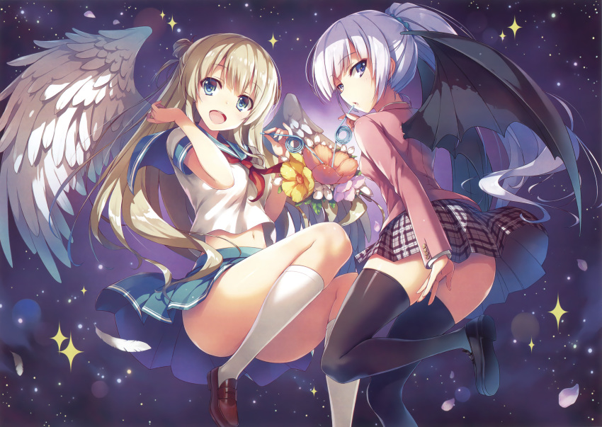 2girls :d absurdres angel_wings black_legwear blazer blue_eyes covering covering_ass crazy_straw crop_top demon_wings drinking_straw eyebrows_visible_through_hair feathers flower high_ponytail highres jacket kneehighs lavender_hair light_brown_hair loafers long_hair long_sleeves looking_at_viewer looking_back midriff multiple_girls navel open_mouth original plaid plaid_skirt pleated_skirt ponytail scan school_uniform serafuku shoes short_sleeves side_bun skirt smile thigh-highs tomose_shunsaku violet_eyes white_legwear wings