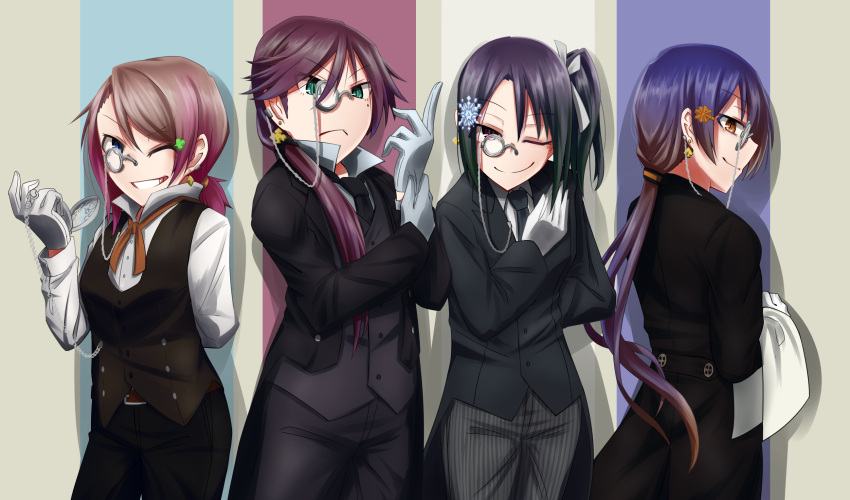 4girls adjusting_clothes adjusting_gloves artist_request blue_eyes blue_hair closed_mouth cowboy_shot earrings eyebrows_visible_through_hair formal gloves green_eyes grey_hair hair_between_eyes hair_ornament hairclip highres jewelry kazuno_sarah long_hair love_live! love_live!_school_idol_project love_live!_sunshine!! mole mole_under_eye monocle multiple_girls necktie one_eye_closed one_side_up open_mouth pocket_watch ponytail purple_hair short_hair smile sonoda_umi striped striped_background suit toudou_erena violet_eyes watanabe_you watch yellow_eyes