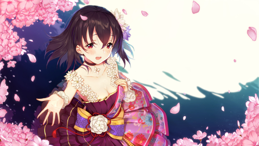 1girl :d black_hair blush breasts cherry_blossoms choker cleavage collarbone dress flower fujiwara_hajime hair_between_eyes highres idolmaster idolmaster_cinderella_girls idolmaster_cinderella_girls_starlight_stage jewelry layered_dress long_hair looking_at_viewer medium_breasts open_mouth pink_flower purple_dress red_eyes red_ribbon reflecting_pool ribbon ring sleeveless sleeveless_dress smile solo white_flower wrist_cuffs wukloo