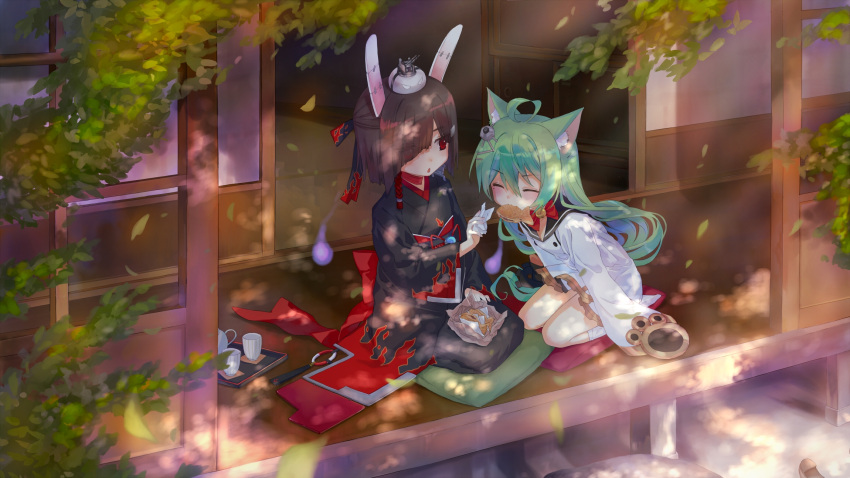 2girls ahoge akashi_(azur_lane) animal_ears azur_lane bell blush brown_hair closed_eyes commentary_request cup cushion day dress eating eyebrows_visible_through_hair eyes_visible_through_hair fire food green_hair hair_between_eyes highres hitodama holding japanese_clothes jingle_bell kimono leaf leaning_forward long_hair mirin_boshi multiple_girls napkin parted_lips purple_fire rabbit_ears red_eyes sailor_dress seiza shiranui_(azur_lane) short_hair sitting sleeves_past_wrists sliding_doors taiyaki teacup teapot v-shaped_eyebrows very_long_hair wagashi white_legwear