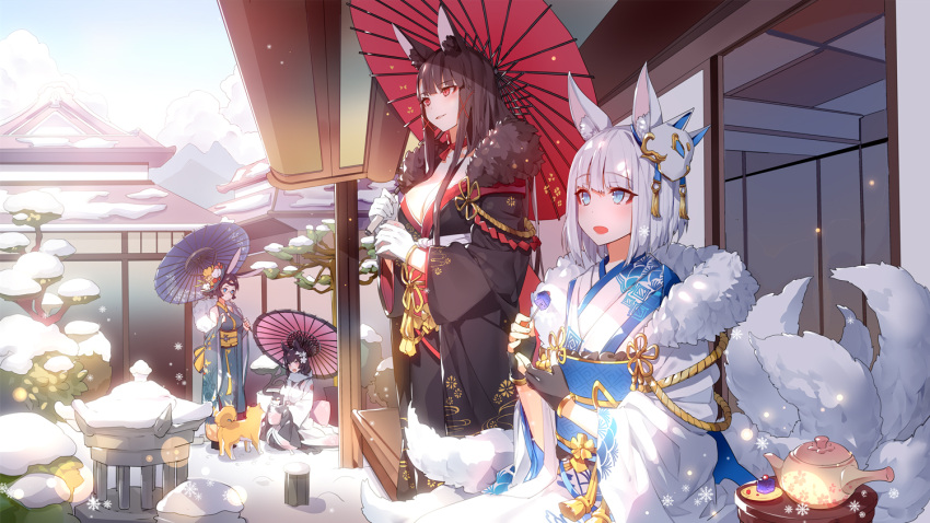 4girls akagi_(azur_lane) animal animal_ears architecture atago_(azur_lane) azur_lane bangs black_gloves black_hair blue_eyes breasts cleavage clouds day dog east_asian_architecture eyebrows_visible_through_hair fingerless_gloves flower food fox_ears fox_tail fur_trim furisode gloves hair_flower hair_ornament holding holding_animal holding_food holding_umbrella japanese_clothes kaga_(azur_lane) kimono large_breasts long_hair long_sleeves looking_away mask mask_on_head multiple_girls multiple_tails obi open_mouth oriental_umbrella outdoors parted_lips red_eyes ronopu sash shiba_inu short_hair sitting sky smile snow snowflakes souryuu_(azur_lane) standing tail teapot tree umbrella wagashi white_gloves white_hair wide_sleeves x_hair_ornament youkan_(food)