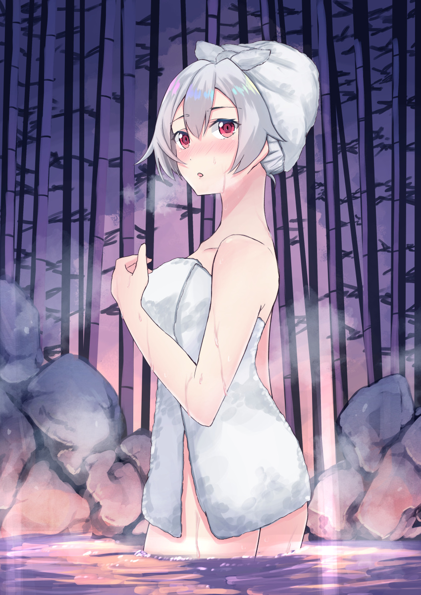 1girl absurdres bamboo bamboo_forest blush fate/grand_order fate_(series) forest highres muragaki_(sgxx4878) naked_towel nature onsen red_eyes silver_hair solo tomoe_gozen_(fate/grand_order) towel towel_on_head