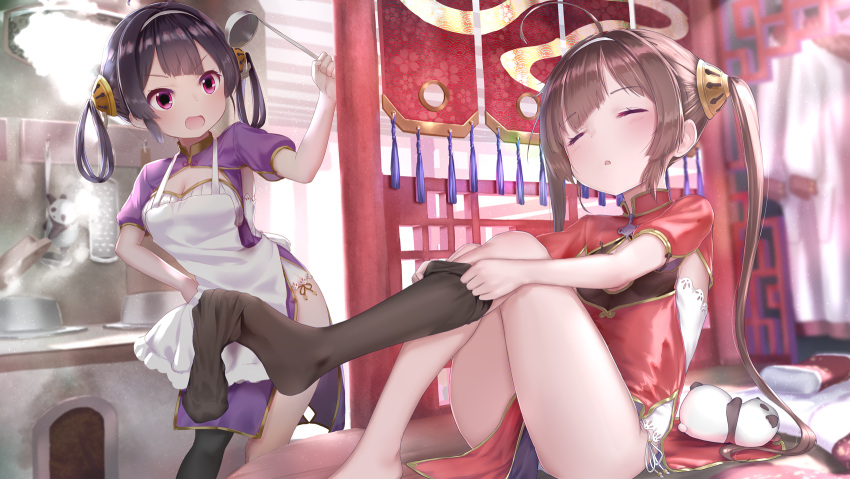 2girls :d :o adjusting_clothes adjusting_legwear ahoge apron ass azur_lane bangs barefoot black_hair black_legwear blurry blush breasts brown_hair china_dress chinese_clothes cleavage cleavage_cutout closed_eyes commentary_request contrapposto depth_of_field dress eyebrows_visible_through_hair feet_out_of_frame hair_ornament hair_rings hairband highres holding indoors kachayori kitchen knees_up ladle long_hair looking_at_viewer medium_breasts multiple_girls ning_hai_(azur_lane) open_mouth panties panty_peek parted_lips pillow ping_hai_(azur_lane) pot single_thighhigh sitting sleepy smile standing steam stuffed_animal stuffed_panda stuffed_toy thigh-highs twintails underwear v-shaped_eyebrows violet_eyes white_panties