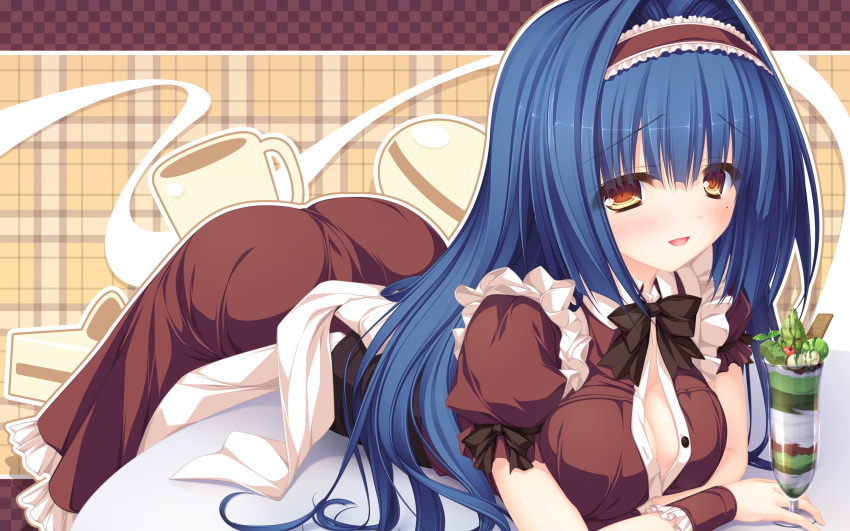 1girl blue_hair blush breasts brown_eyes brown_hairband cleavage closed_mouth cuffs dress eyebrows_visible_through_hair fingernails food fruit hair_between_eyes hairband highres justy_x_nasty large_breasts leaning_forward long_hair looking_at_viewer mikagami_mamizu multicolored multicolored_background multicolored_clothes multicolored_dress ootsuki_karin parfait plaid plaid_background puffy_sleeves solo straight_hair