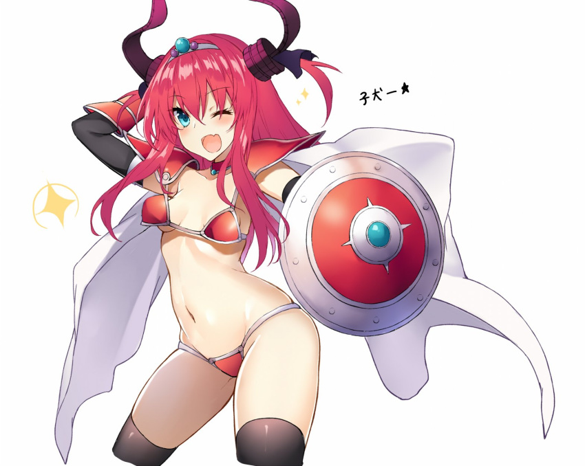 1girl ;d aqua_eyes arm_behind_back armor bikini bikini_armor black_legwear breasts cape cleavage collar collarbone detached_sleeves diadem elizabeth_bathory_(brave)_(fate) elizabeth_bathory_(fate)_(all) eyebrows_visible_through_hair fate/grand_order fate_(series) groin hair_between_eyes highres horns kurifuto long_hair navel one_eye_closed open_mouth red_bikini redhead shield shiny shiny_clothes sideboob simple_background small_breasts smile solo spaulders swimsuit thigh-highs under_boob white_background white_cape