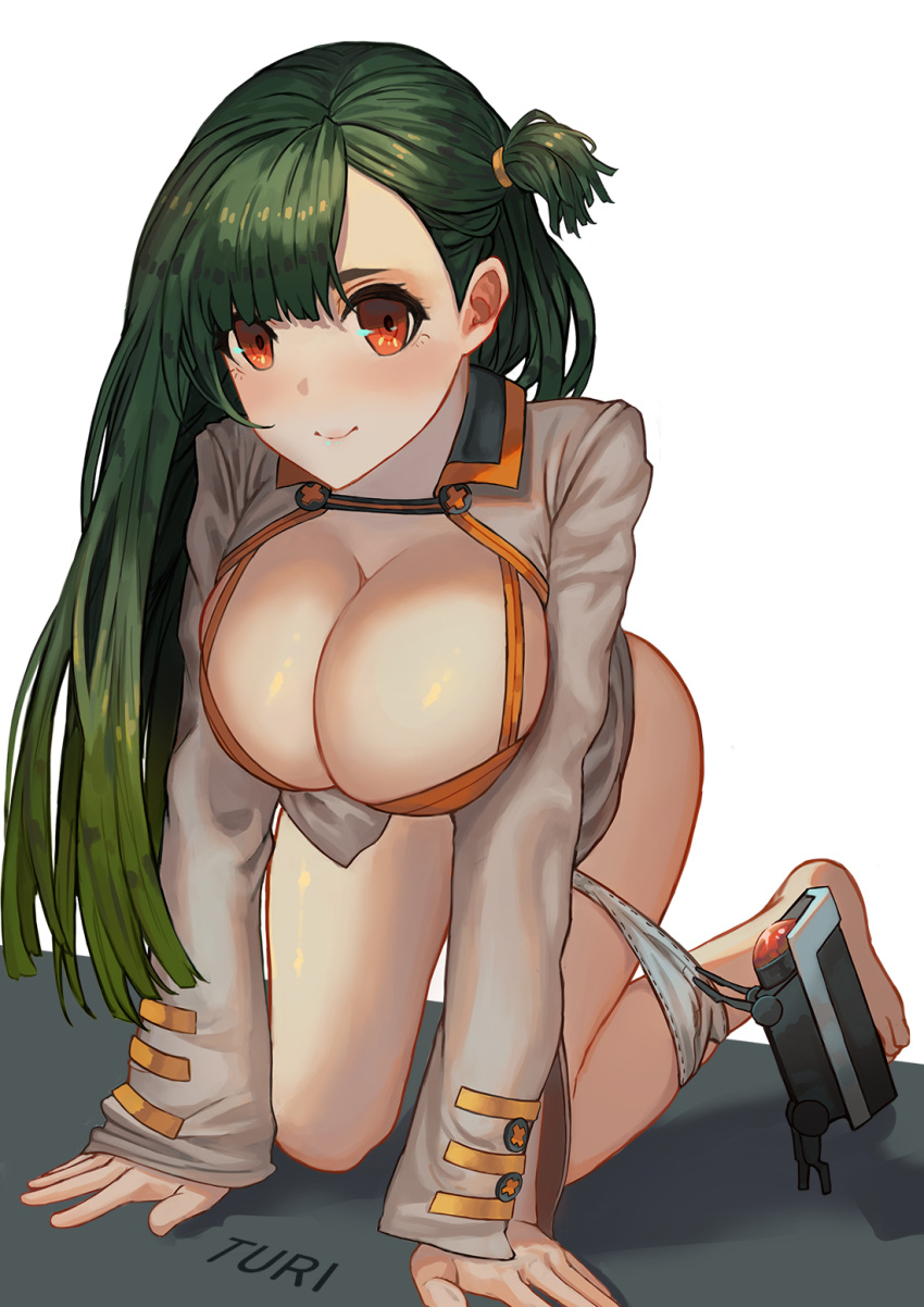 artist_name blush breasts cleavage commentary commentary_request dinergate_(girls_frontline) g28_(girls_frontline) girls_frontline green_hair highres large_breasts long_hair looking_at_viewer orange_eyes panties panties_around_leg smile turi1230 underwear