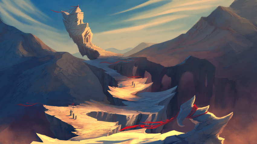 andisreinbergs banner blue_sky bridge building cliff cloth clouds from_above gate hat highres landscape mountain original scenery sky staff sunlight twilight walking wind witch_hat