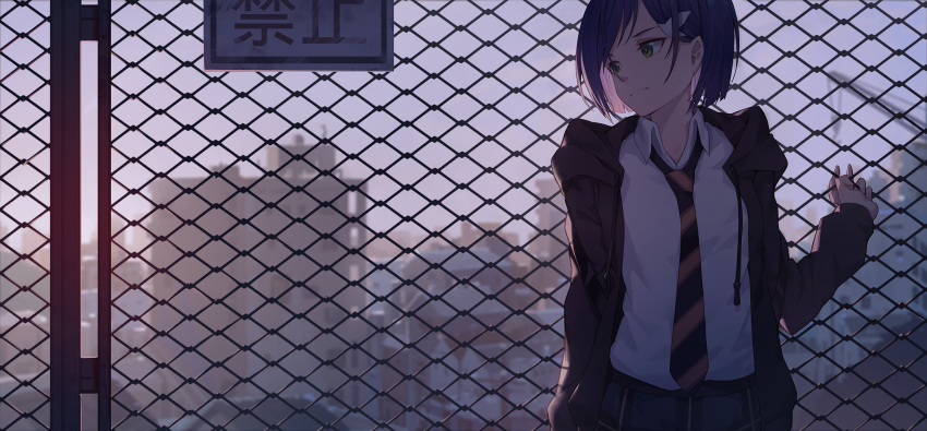 1girl against_fence arm_behind_back backlighting black_hair black_jacket blue_sky blurry blurry_background building chain-link_fence character_request cityscape closed_mouth collared_shirt darling_in_the_franxx depth_of_field drawstring fence green_eyes hair_ornament hairclip highres jacket long_sleeves looking_to_the_side necktie nian open_clothes open_jacket plaid plaid_skirt shirt short_hair sign skirt sky smile solo striped_neckwear upper_body white_shirt wing_collar