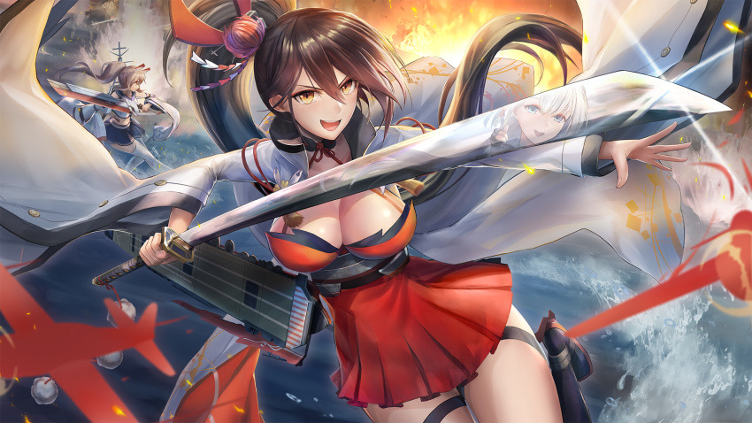 2girls ayanami_(azur_lane) azur_lane breasts brown_hair cleavage fingerless_gloves gloves hair_ornament highres large_breasts long_hair machinery multiple_girls open_mouth reflection shoukaku_(azur_lane) side_ponytail sixiv smile sword tassel water weapon wide_sleeves yellow_eyes zuikaku_(azur_lane)