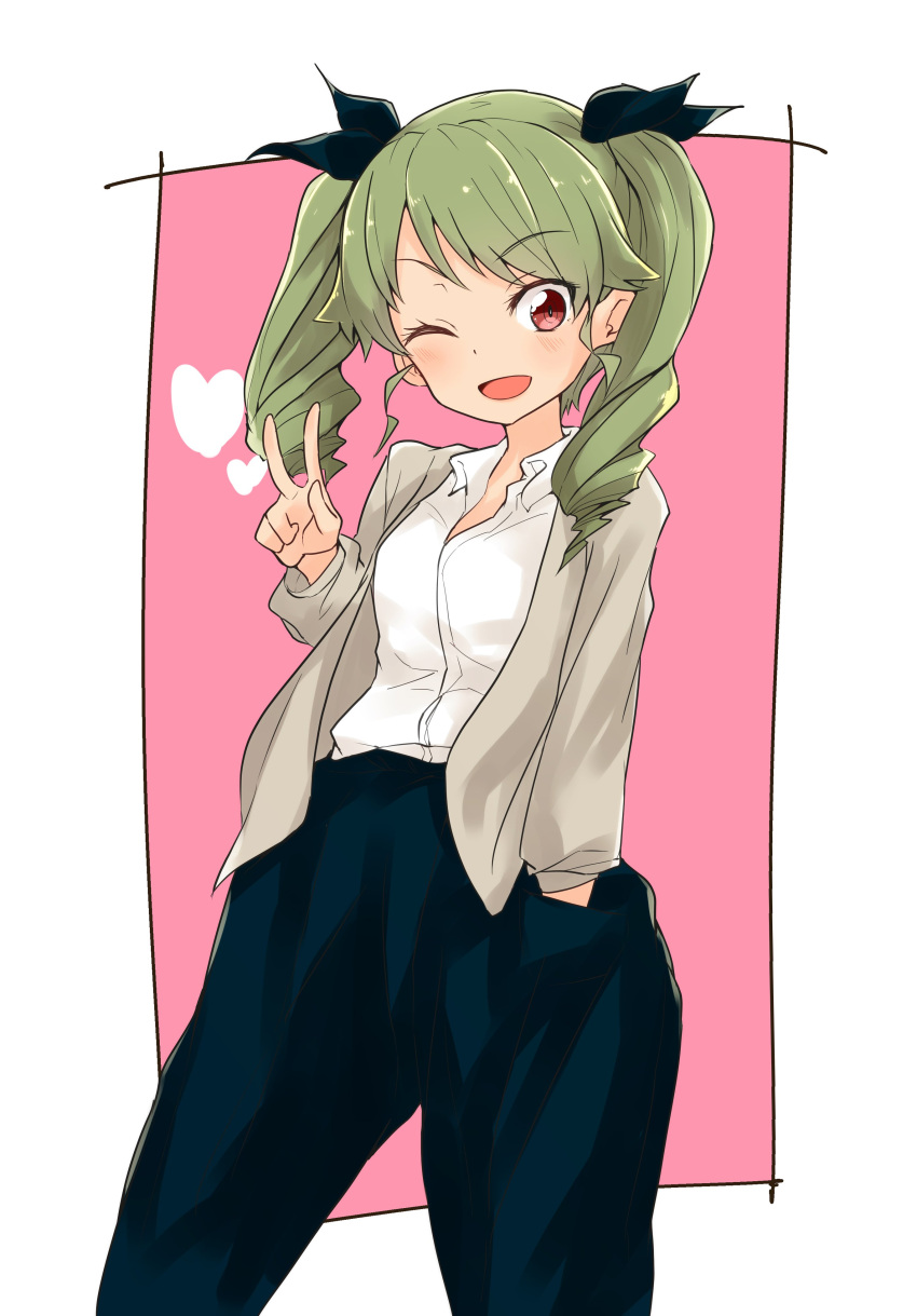 1girl ;d absurdres anchovy bangs barashiya black_pants black_ribbon brown_sweater cardigan casual collared_shirt commentary cowboy_shot drill_hair eyebrows_visible_through_hair girls_und_panzer green_hair hair_ribbon hand_in_pocket heart highres light_blush long_hair long_sleeves looking_at_viewer one_eye_closed open_cardigan open_clothes open_mouth outside_border pants pink_background red_eyes ribbon shirt smile solo standing sweater twin_drills twintails v white_shirt