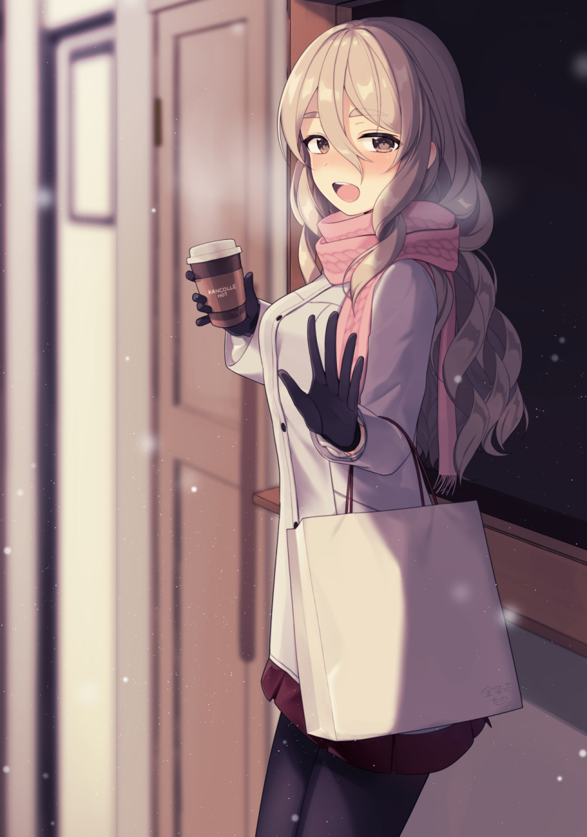 1girl 1hand1cup alternate_costume black_gloves black_legwear blush breasts breathing brown_eyes buttons coat coffee_cup cup door eyebrows_visible_through_hair gloves grey_hair hair_between_eyes hand_up highres holding holding_bag holding_cup kantai_collection kinsenka_momi long_coat long_hair long_sleeves medium_breasts miniskirt open_mouth pantyhose pink_scarf pinky_out pleated_skirt pola_(kantai_collection) purple_skirt scarf sidelocks skirt snow snowing solo tareme thick_eyebrows wavy_hair white_coat window