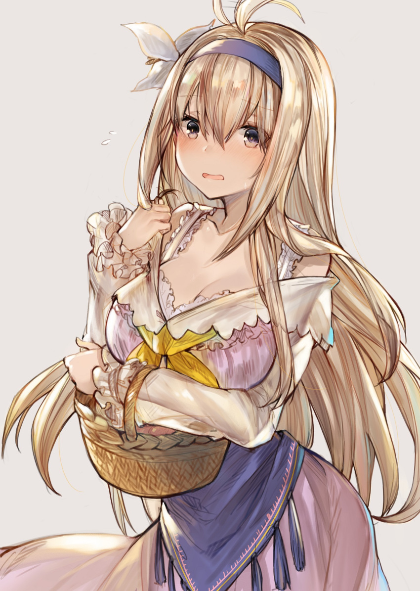 1girl bare_shoulders basket blonde_hair blue_eyes blush breasts cleavage flower granblue_fantasy hair_flower hair_ornament hairband highres jeanne_d'arc_(granblue_fantasy) large_breasts long_hair looking_at_viewer open_mouth ryuuji_teitoku simple_background solo