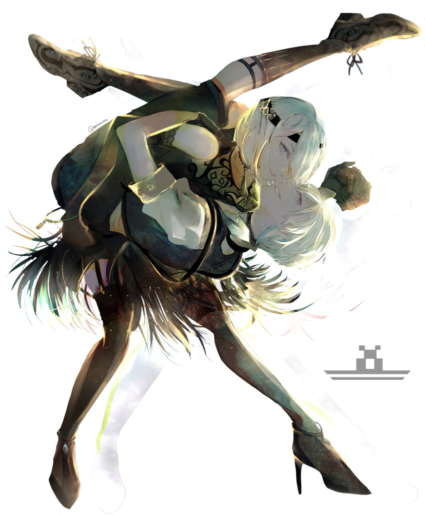 1boy 1girl black_choker black_dress black_hairband blindfold choker couple dancing dress feather-trimmed_sleeves hairband highres leotard looking_at_viewer mole mole_under_mouth nier_(series) nier_automata no_blindfold simple_background smile thigh-highs white_background white_hair white_leotard yorha_no._2_type_b yorha_no._9_type_s