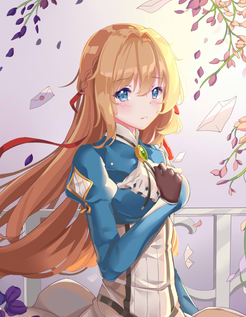 1girl binan_xian_lu black_gloves blonde_hair blue_eyes blush breasts envelope eyebrows_visible_through_hair gloves highres long_sleeves looking_at_viewer medium_breasts parted_lips solo violet_evergarden violet_evergarden_(character)