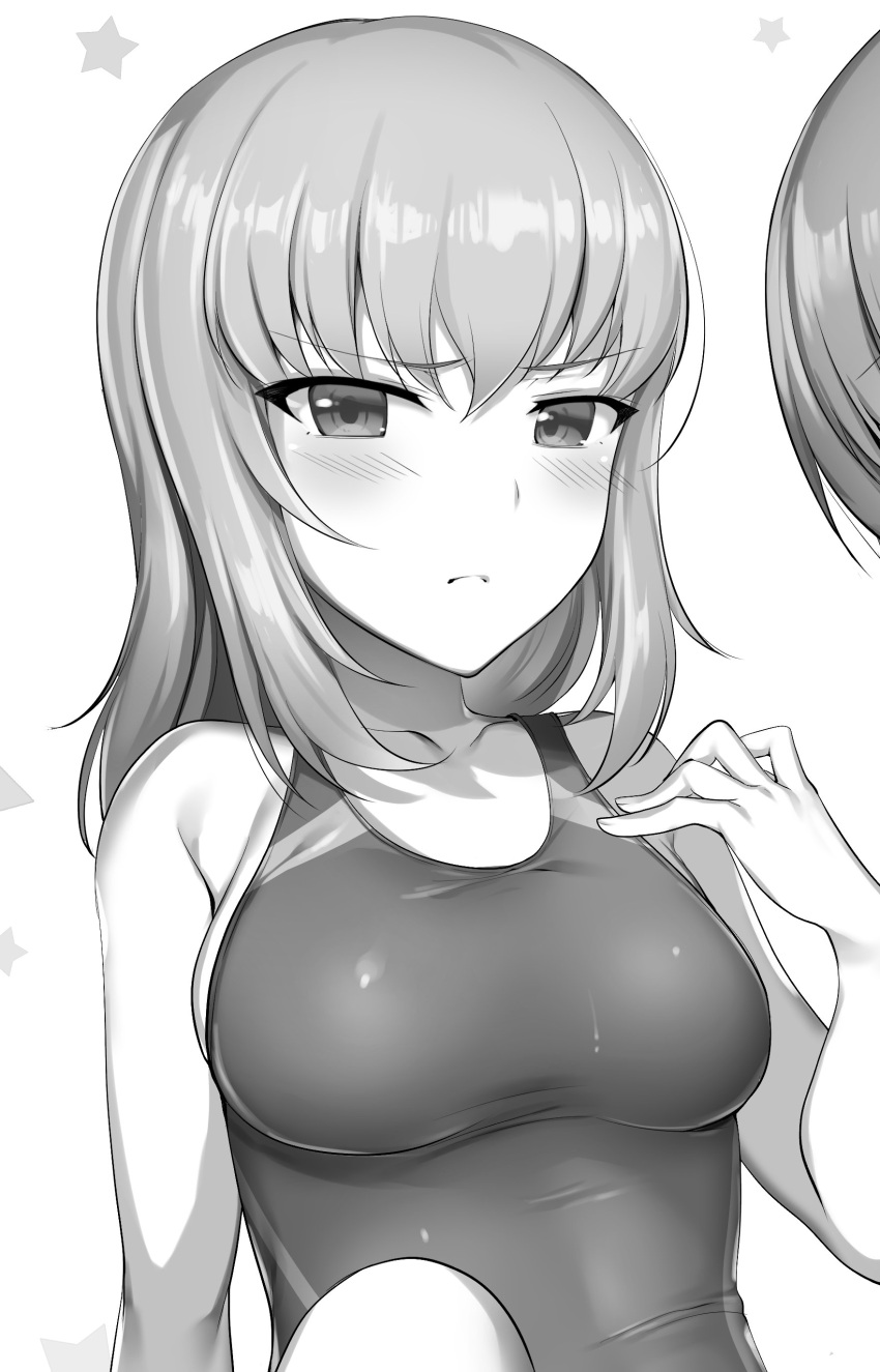 1girl absurdres bangs blush breasts closed_mouth commentary_request embarrassed eyebrows_visible_through_hair girls_und_panzer greyscale hand_up highres ikomochi itsumi_erika knee_up large_breasts looking_at_viewer monochrome one-piece_swimsuit out_of_frame short_hair simple_background solo_focus swimsuit white_background