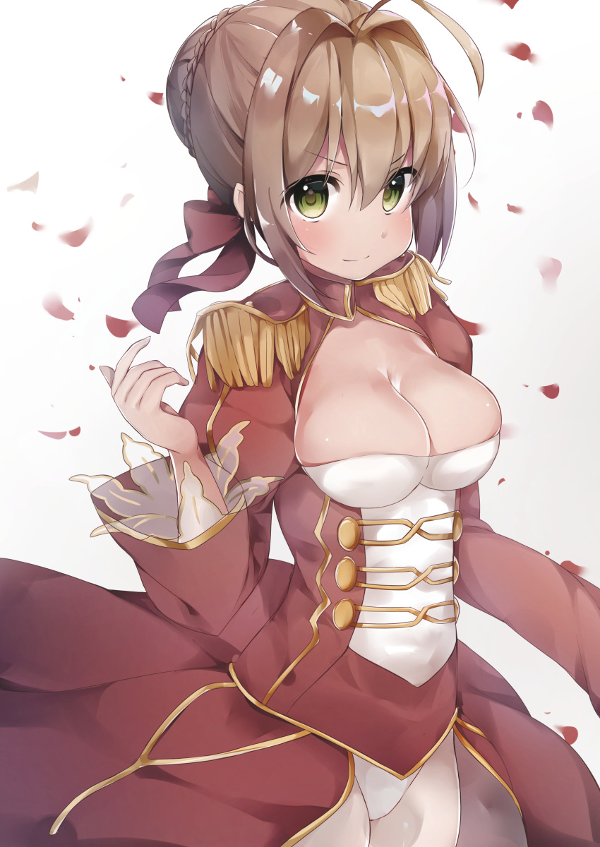 &gt;:) 1girl absurdres ahoge bangs blush braid breasts cleavage cleavage_cutout closed_mouth commentary_request dress epaulettes eyebrows_visible_through_hair fate/grand_order fate_(series) gradient gradient_background green_eyes grey_background hair_between_eyes hair_bun hair_intakes hair_ribbon highres juliet_sleeves large_breasts light_brown_hair long_sleeves mochi_nabe nero_claudius_(fate) nero_claudius_(fate)_(all) puffy_sleeves red_dress red_ribbon ribbon see-through sidelocks smile solo v-shaped_eyebrows white_background wide_sleeves