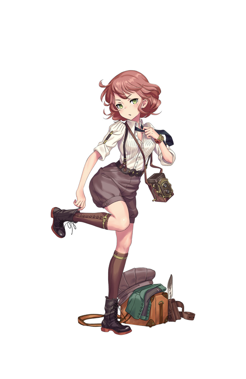 1girl belt black_footwear black_neckwear boots brown_hat brown_legwear camera cathy_higgins changing_clothes feathers freckles full_body green_eyes hat hat_removed headwear_removed highres looking_at_viewer medium_hair necktie official_art princess_principal princess_principal_game_of_mission redhead shorts solo standing suspenders transparent_background twin-lens_reflex_camera vest vest_removed watch watch