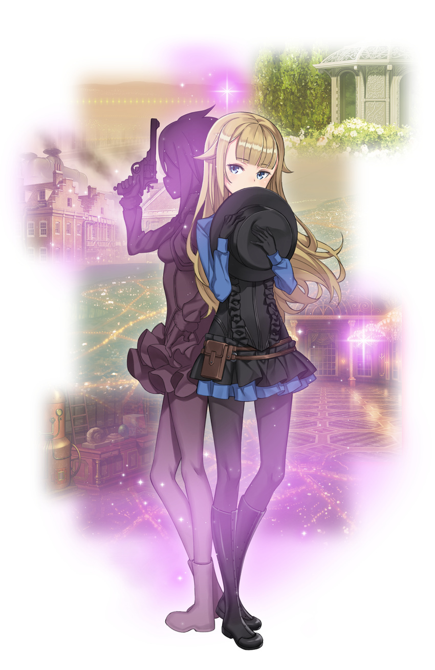 2girls black_footwear black_gloves black_hat black_legwear blonde_hair blue_bow blue_eyes boots bow frills full_body gloves gun hat hat_removed headwear_removed highres holding holding_gun holding_weapon knee_boots long_hair looking_at_viewer multiple_girls official_art pantyhose pouch princess_(princess_principal) princess_principal princess_principal_game_of_mission silhouette standing transparent_background weapon