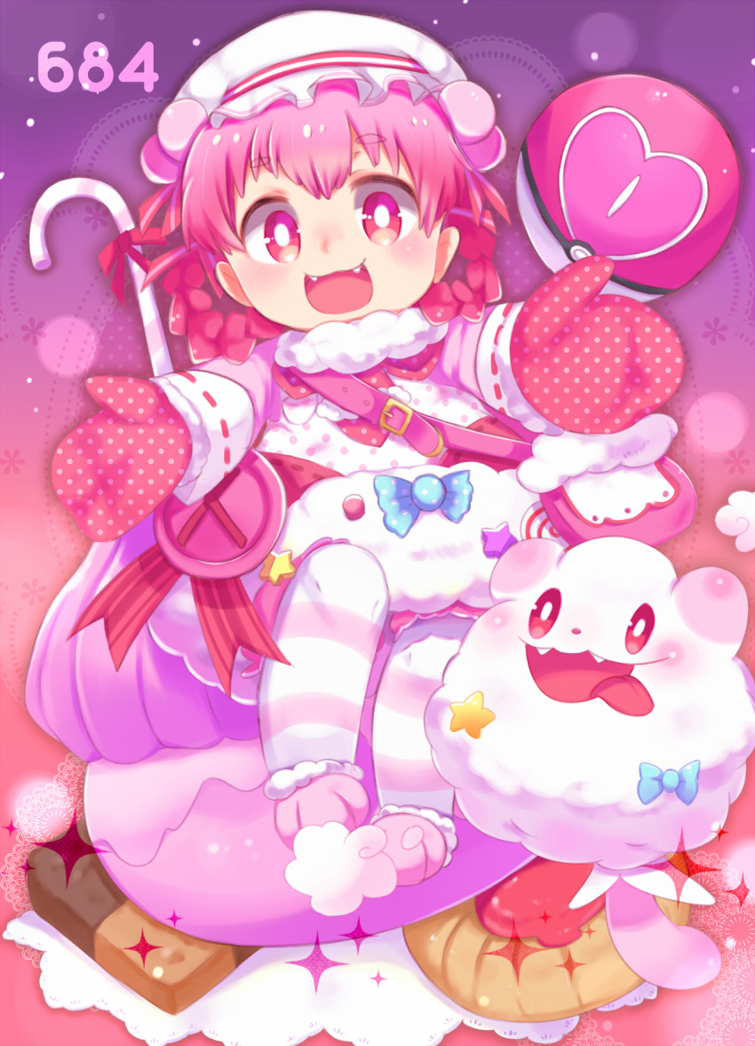 1girl child fang fuwasn1545 gloves highres long_hair looking_at_viewer open_mouth personification pink_eyes pink_hair pokemon pokemon_(creature) pokemon_(game) smile striped striped_legwear swirlix tongue tongue_out