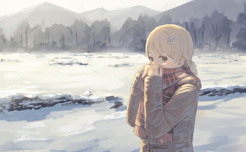 1girl bionekojita brown_eyes coat commentary drill_hair earrings flower hair_flower hair_ornament highres idolmaster idolmaster_cinderella_girls jewelry light_brown_hair looking_at_viewer morikubo_nono mountain outdoors scarf scarf_grab scarf_over_mouth scenery short_hair snow solo stud_earrings tree upper_body winter winter_clothes winter_coat
