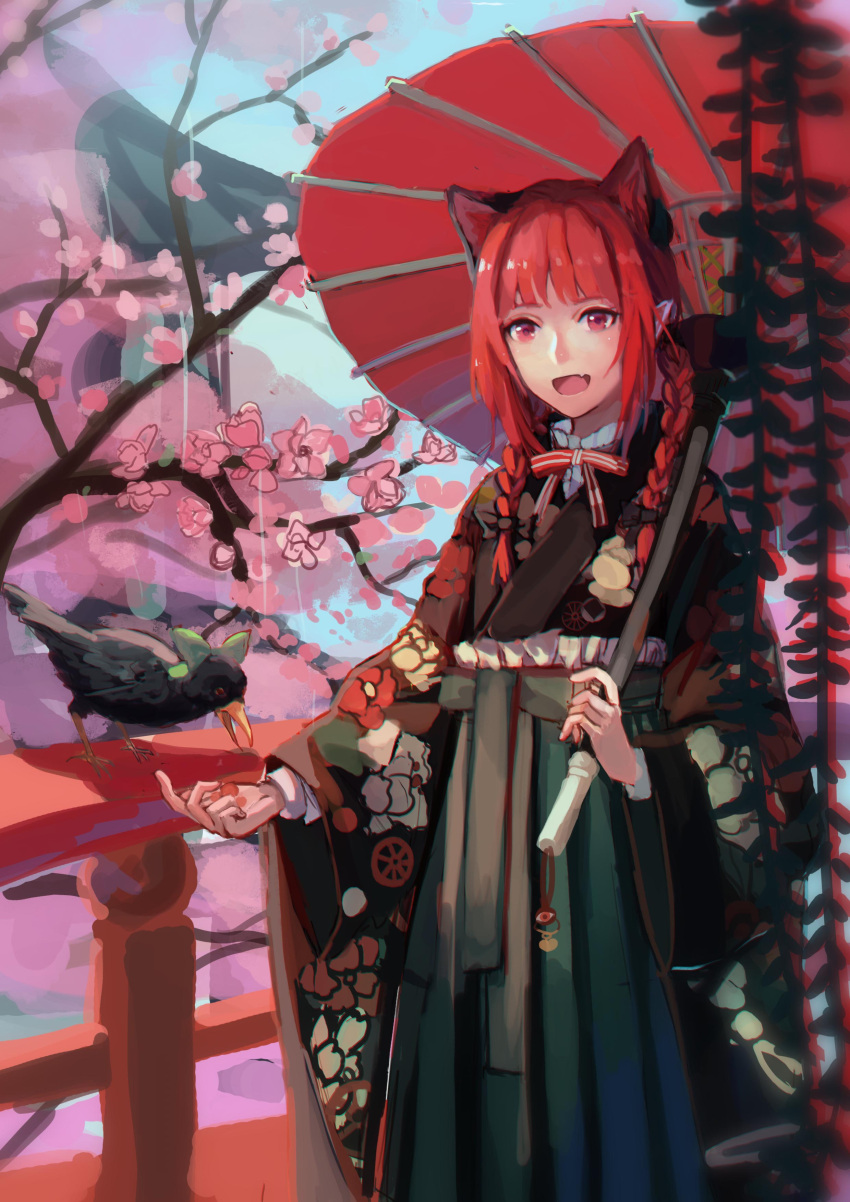 1girl absurdres alternate_costume animal_ears black_bow blue_sky bow braid cat_ears cherry_blossoms commentary_request floral_print green_bow hair_bow hakama_skirt highres holding holding_umbrella japanese_clothes kaenbyou_rin kimono long_sleeves neck_ribbon open_mouth oriental_umbrella outdoors pointy_ears qin_xin railing red_umbrella redhead reiuji_utsuho reiuji_utsuho_(bird) ribbon sidelocks sky smile standing touhou twin_braids umbrella wide_sleeves