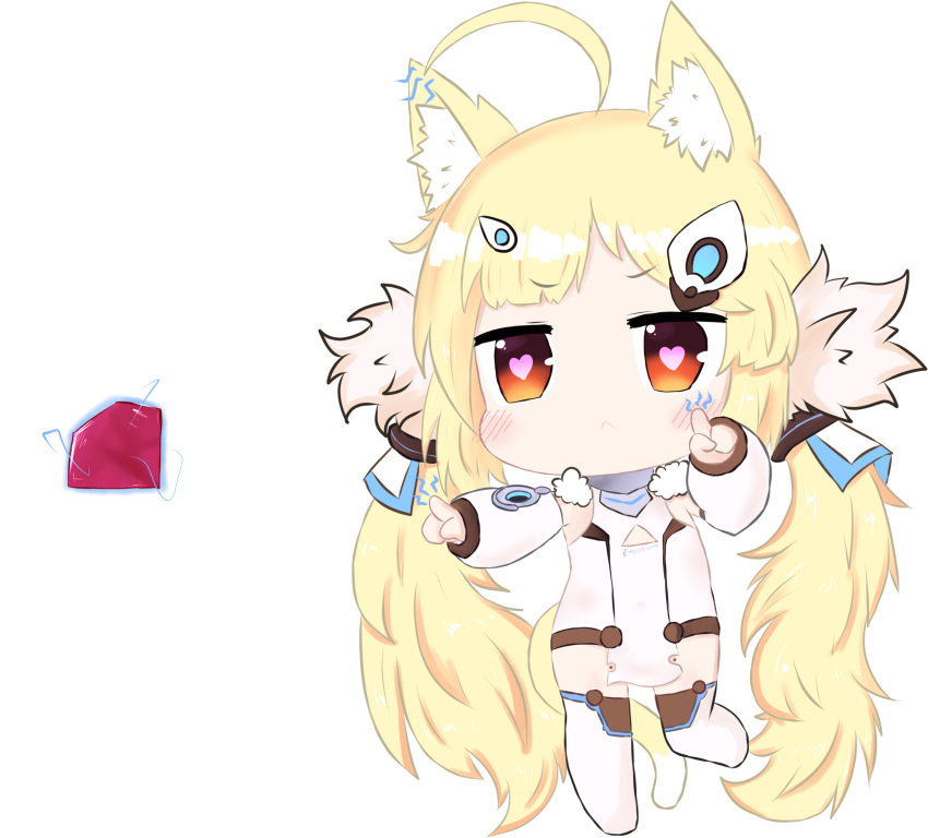 1girl :&lt; ahoge animal_ears azur_lane bailingxiao_jiu bangs blonde_hair blush brown_eyes cat_ears cat_girl cat_tail chibi closed_mouth commentary_request detached_sleeves dress eldridge_(azur_lane) electricity eyebrows_visible_through_hair full_body hair_ornament heart heart-shaped_pupils highres kemonomimi_mode long_hair long_sleeves low_twintails puffy_long_sleeves puffy_sleeves ruby_(stone) simple_background sleeveless sleeveless_dress sleeves_past_wrists solo standing standing_on_one_leg symbol-shaped_pupils tail thigh-highs twintails very_long_hair white_background white_dress white_legwear