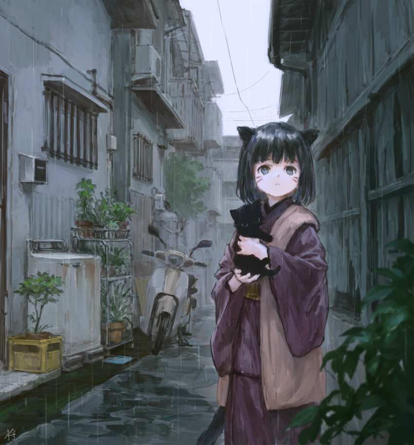 1girl animal animal_ears artist_name bangs black_eyes black_hair bob_cut building cat cat_ears cat_tail clouds cloudy_sky day ground_vehicle highres holding holding_animal japanese_clothes kimono long_sleeves looking_at_viewer motor_vehicle original outdoors plant rain road scooter sho_(sho_lwlw) short_hair sky solo standing street tail town whisker_markings wide_sleeves window