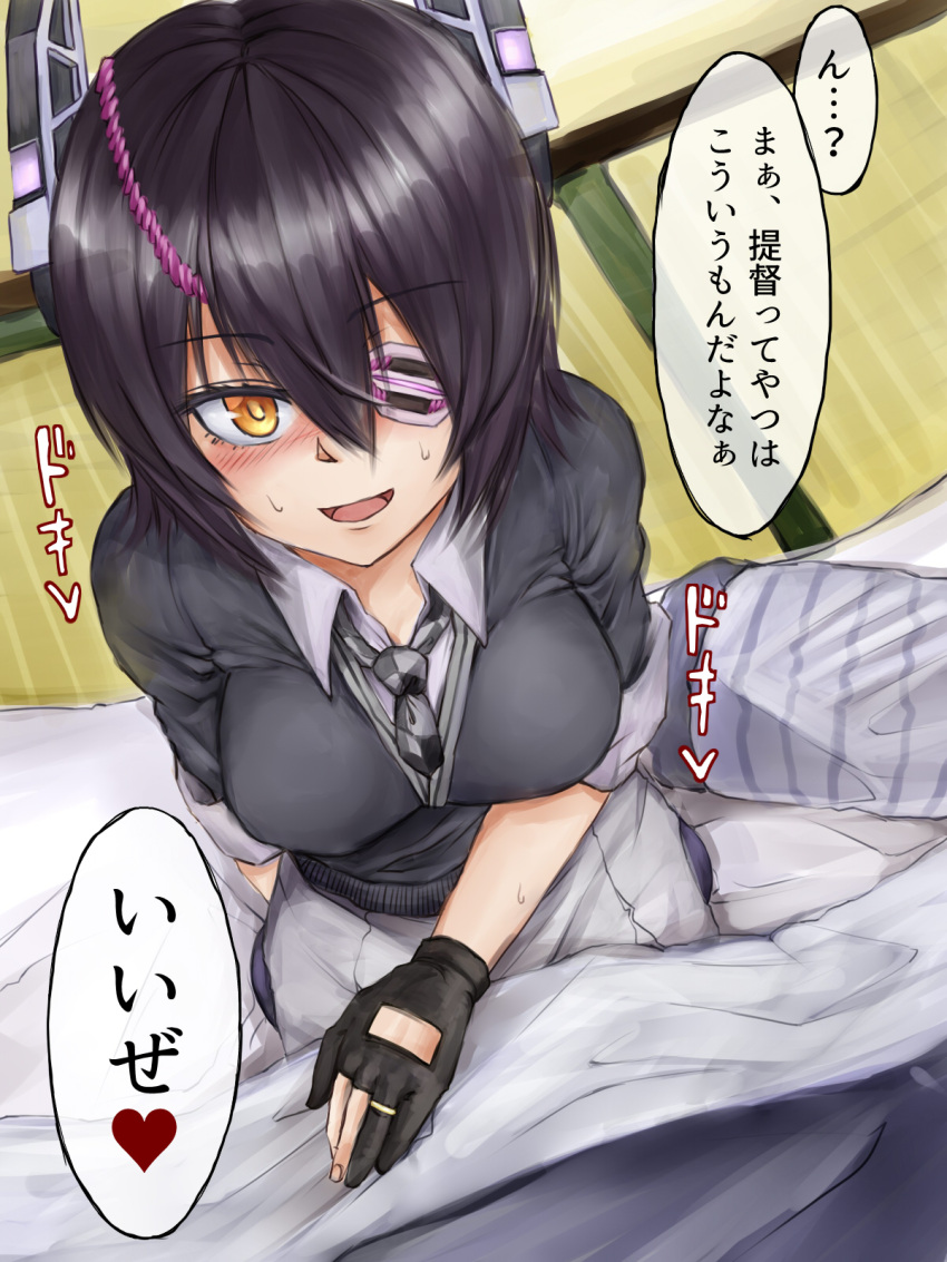 1girl :d black_gloves breasts checkered_neckwear commentary_request eyepatch foreshortening from_above futon gloves hair_between_eyes headgear highres jewelry kantai_collection large_breasts looking_at_viewer necktie open_mouth partly_fingerless_gloves purple_hair ring school_uniform short_hair sleeves_rolled_up smile solo sweatdrop tadd_(tatd) tatami tenryuu_(kantai_collection) translation_request wedding_ring yellow_eyes