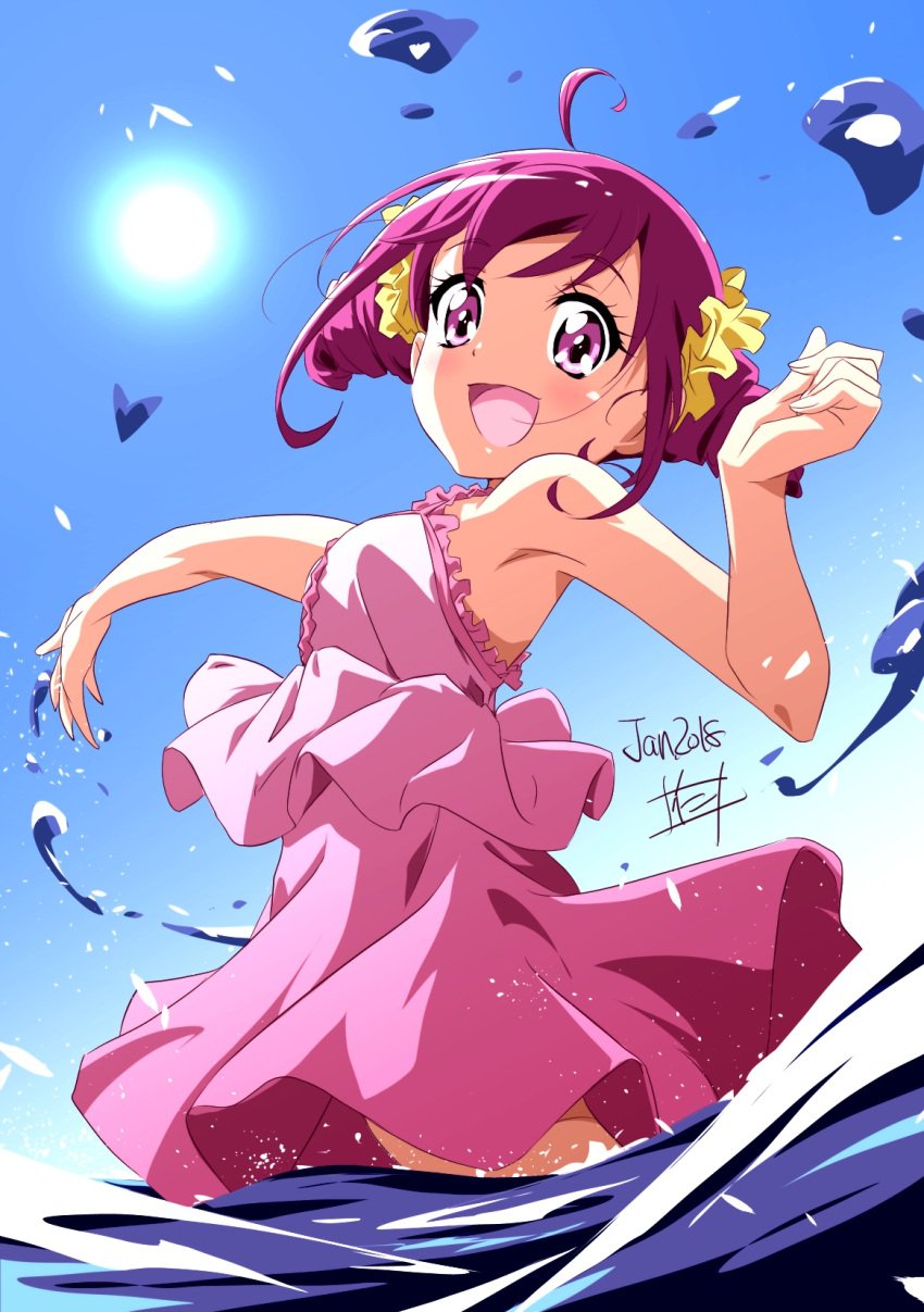 1girl 2018 :d ahoge blue_sky dated day double_bun highres hoshizora_miyuki looking_at_viewer nii_manabu open_mouth outstretched_arm partially_submerged pink_eyes pink_hair precure short_hair sky sleeveless smile smile_precure! solo sun water