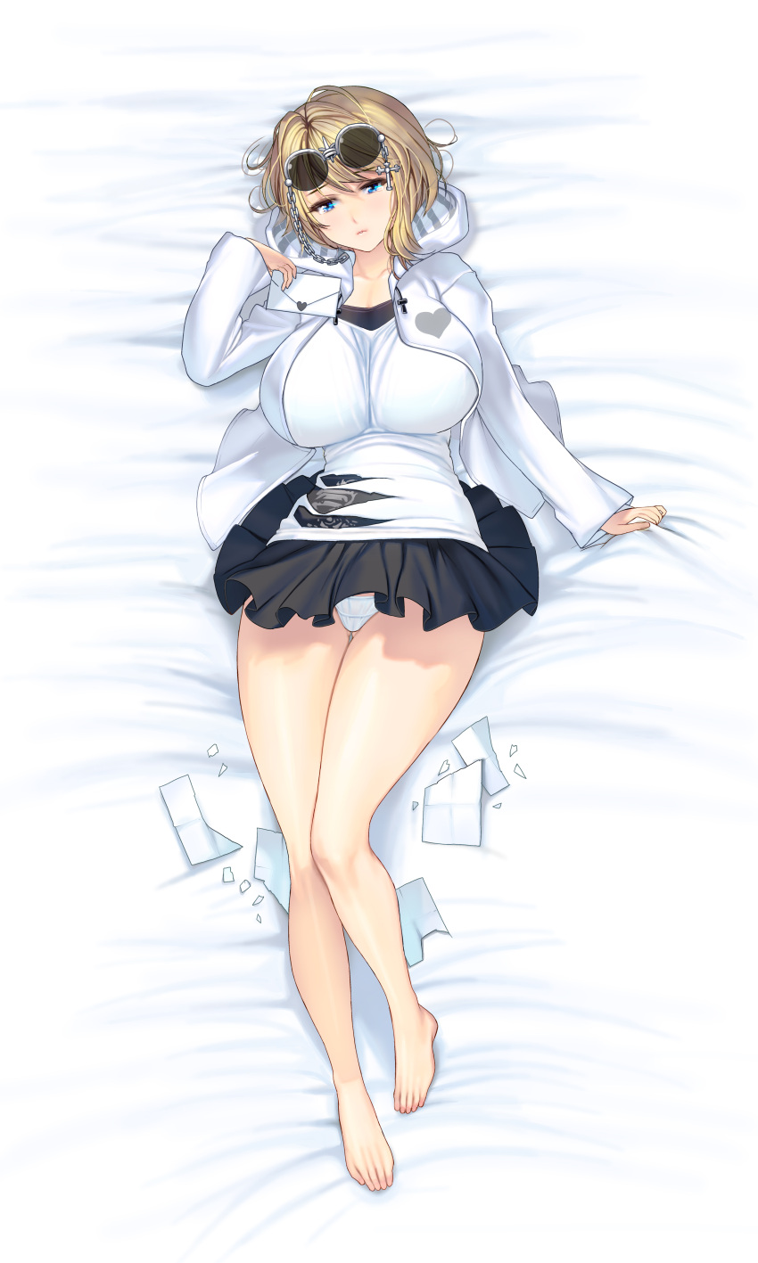 1girl absurdres bare_legs barefoot bed_sheet blonde_hair blue_eyes breasts chains collarbone curvy dress full_body glasses highres hood hooded_jacket jacket large_breasts letter long_sleeves lying masao on_back original panties parted_lips plump shirt short_dress short_hair solo tears torn_clothes torn_paper underwear white_panties